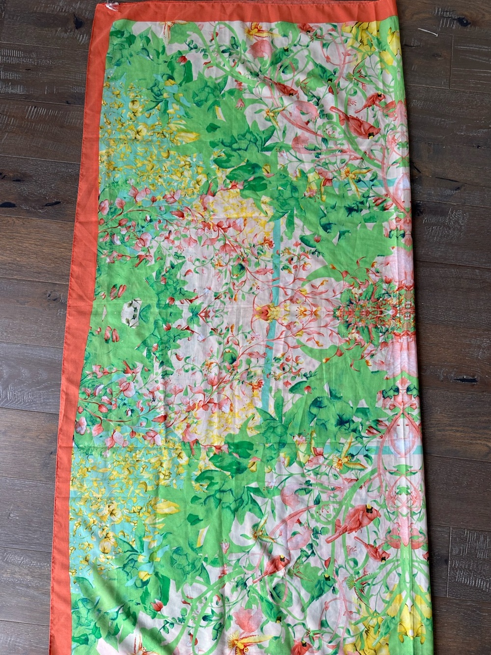 53” large silk scarf floral birds